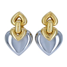Vintage Bvlgari 18k Gold Steel Doppio Cuore Heart Earrings
