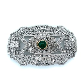 Art Deco Diamond Emerald Platinum Brooch