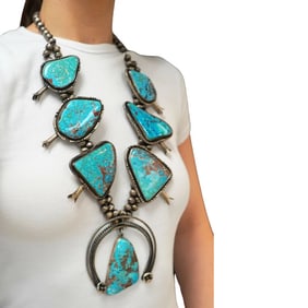 Signed Navajo Native Indian Sterling Silver Turquoise Squash Blossom Necklace