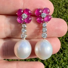 18K White Gold South Sea Pearl, Ruby, and Diamond Earrings