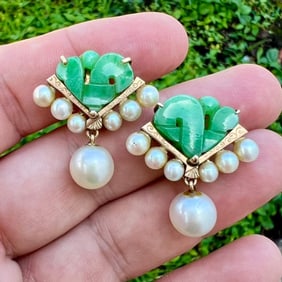 1960’s 14K Yellow Gold Jade & Pearl Earrings