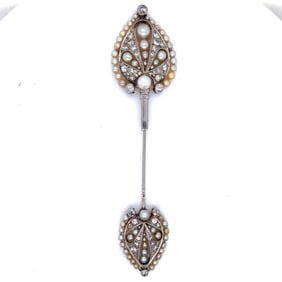 French Art Deco Platinum Natural Pearl & Diamond Jabot Pin