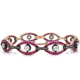 Victorian 18K Yellow Gold Diamond & Ruby Bracelet