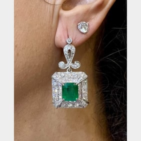 Art Deco Platinum Emerald & Diamond Earrings