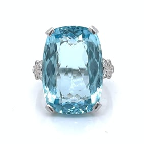 Art Deco Platinum GIA Certified 22.00 Ct. Aquamarine & Diamond Ring