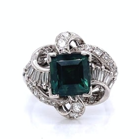 1950’s 18K White Gold NGI Certified Green Sapphire & Diamond Ring