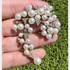 1960’s 18K White Gold & Palladium Cultured Pearl and Diamond Brooch