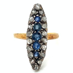 Victorian 18K Yellow Gold & Silver Top Diamond and Sapphire Ring