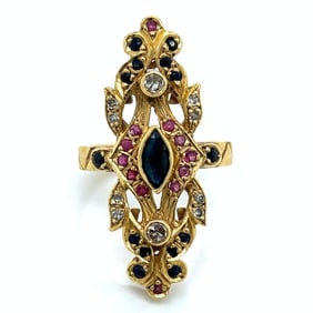 1960’s 18K Yellow Gold Diamond, Ruby, and Sapphire Ring