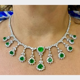 18K White Gold Colombian Emerald & Diamond Necklace