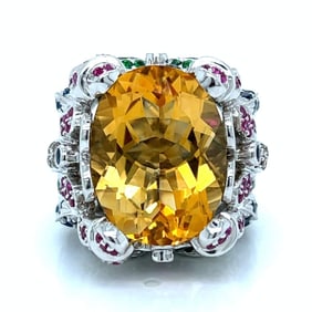 18K White Gold Diamond, Ruby, Garnet, and Citrine Ring