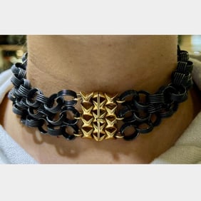 1960’s 18K Yellow Gold & Ionized Steel Choker Necklace and Bracelet Set