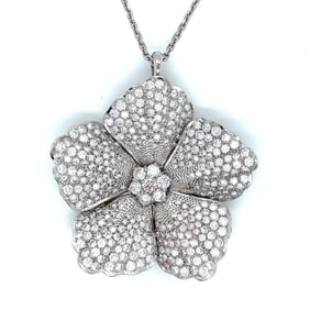 French 18K White Gold Diamond Flower Brooch/Pendant w/ 14K Chain
