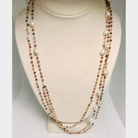 18K Yellow Gold Semi-Precious Stone & Pearl Necklace