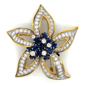 FABERGE PARIS 18K Yellow Gold Diamond & No-heat Burma Sapphire Flower Brooch