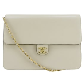 CHANEL Chain Shoulder Bag, Coco Mark, Calfskin, Off-White, A5, Snap Button, Women's