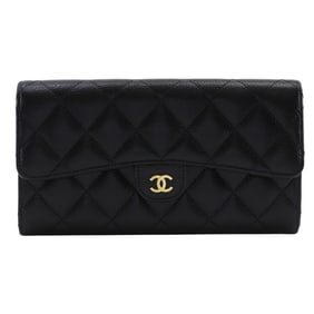 CHANEL Matelasse Classic Long Flap Wallet AP0241, Caviar Leather with Snap Buttons, Women's