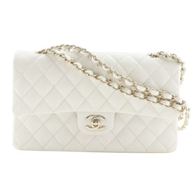 CHANEL Matelasse 25 Shoulder Bag, Double Chain Bag with Flap, A01112, White Caviar Leather, A5, Turn