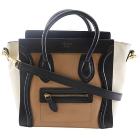 Celine Luggage Nano Shopper Handbag, Two-Tone Calfskin, Black/Brown/Off-White, 2-Way, A5 Size,