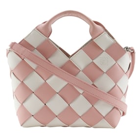 LOEWE Woven Basket Small Handbag in Calfskin, Pink/White, 2-Way, Women's