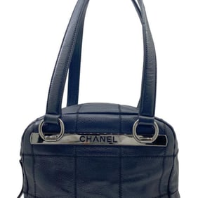 CHANEL Chocobar Mini Boston Handbag/Tote Bag, Caviar Leather, Black, Stitching, Size 9, Women's
