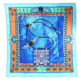 Cartier Must de Scarf, 100% Blue Silk, Le Scarabee Beetle Stole, Large, Women's
