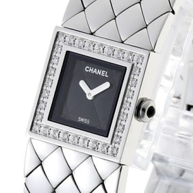 CHANEL Matelasse Diamond Bezel H0489 Black Quartz Watch A-158483
