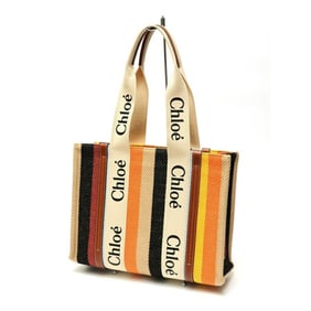 Chloé Chloe Woody Medium Tote Bag Canvas Shiny Calfskin Multicolor K-158409