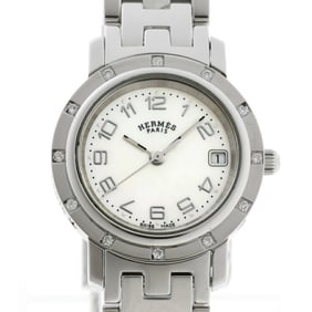 Hermes Clipper Nacle CL4.230 12P Diamond Bezel White Shell Quartz Watch A-158739