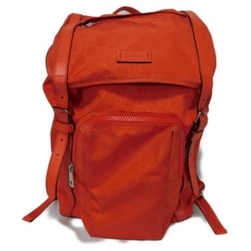 Gucci GG Nylon Daypack with Double G Calfskin Drawstring Embossed Backpack in Orange Red (387071)