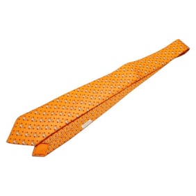 Hermes Lion and Deer Motif Tie Orange Red Beige Silk Men's HERMES