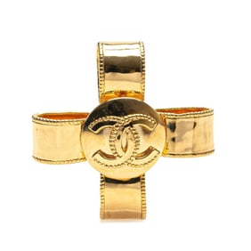 CHANEL Coco Mark Cross Ribbon Brooch, Gold Plated, Women's