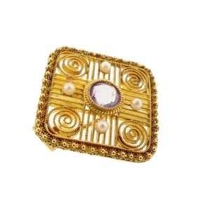 English Aesthetic Period 18K Gold, Amethyst & Pearl Filigree Brooch