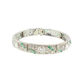 French Art Deco Platinum, Diamond & Emerald Bracelet