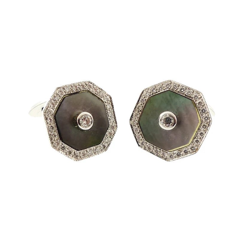 18K White Gold Black Mother Pearl Diamond Cufflinks (1 of 3)