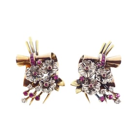 Pair Retro Platinum, 18K Gold Ruby Diamond Dress Clips
