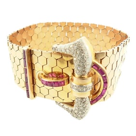 Retro 18K Gold, Platinum, Diamond & Ruby Buckle Bracelet