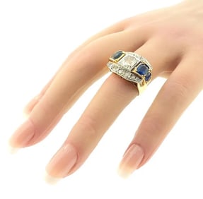 French Retro 18K Gold, Platinum, Diamond & Sapphire Ring