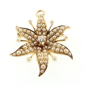 Art Nouveau 14K Gold, Seed Pearl & Diamond Shooting Star Pendant