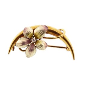 Art Nouveau 14K Gold, Enamel & Diamond Floral Honeymoon Pin