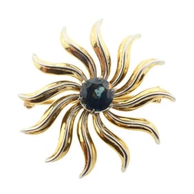14K Gold Blue Sapphire Sunburst Pendant & Pin