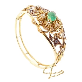Napoleon III 18K Gold, Diamond & Emerald Hinged Bangle Bracelet