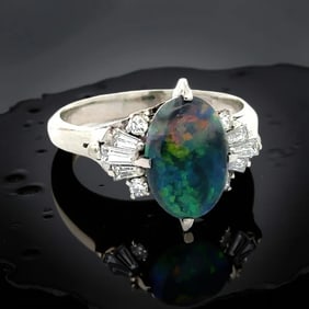 Black Opal And Diamond Platinum Ring