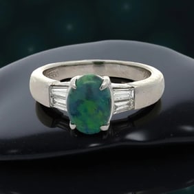 Fine Black Opal And Diamond Platinum Ring