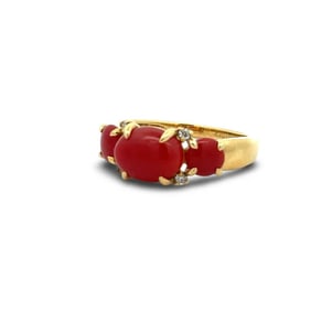 Italian Natural Coral And Diamond 18kt Yellow Gold Ring