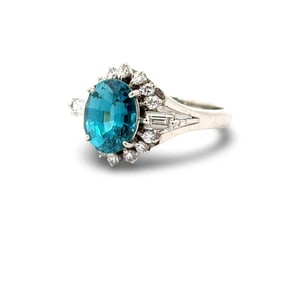 Blue Zircon And Diamond Platinum Ring