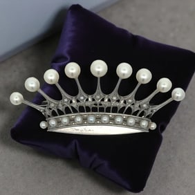 Designer Mikimoto Cultured Pearl And Platinum Crown Brooch