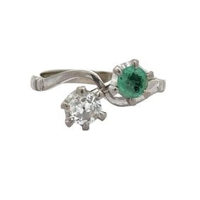 Retro Diamond And Emerald Bypass Platinum Ring