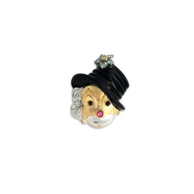 Clown Diamond, Onyx, Ruby 14K Yellow And White Gold Pendant Brooch