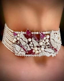Estate Of Hollywood Actress Connie Stevens Diamond Ruby And Pearl Multi Row 18K White Gold Necklace